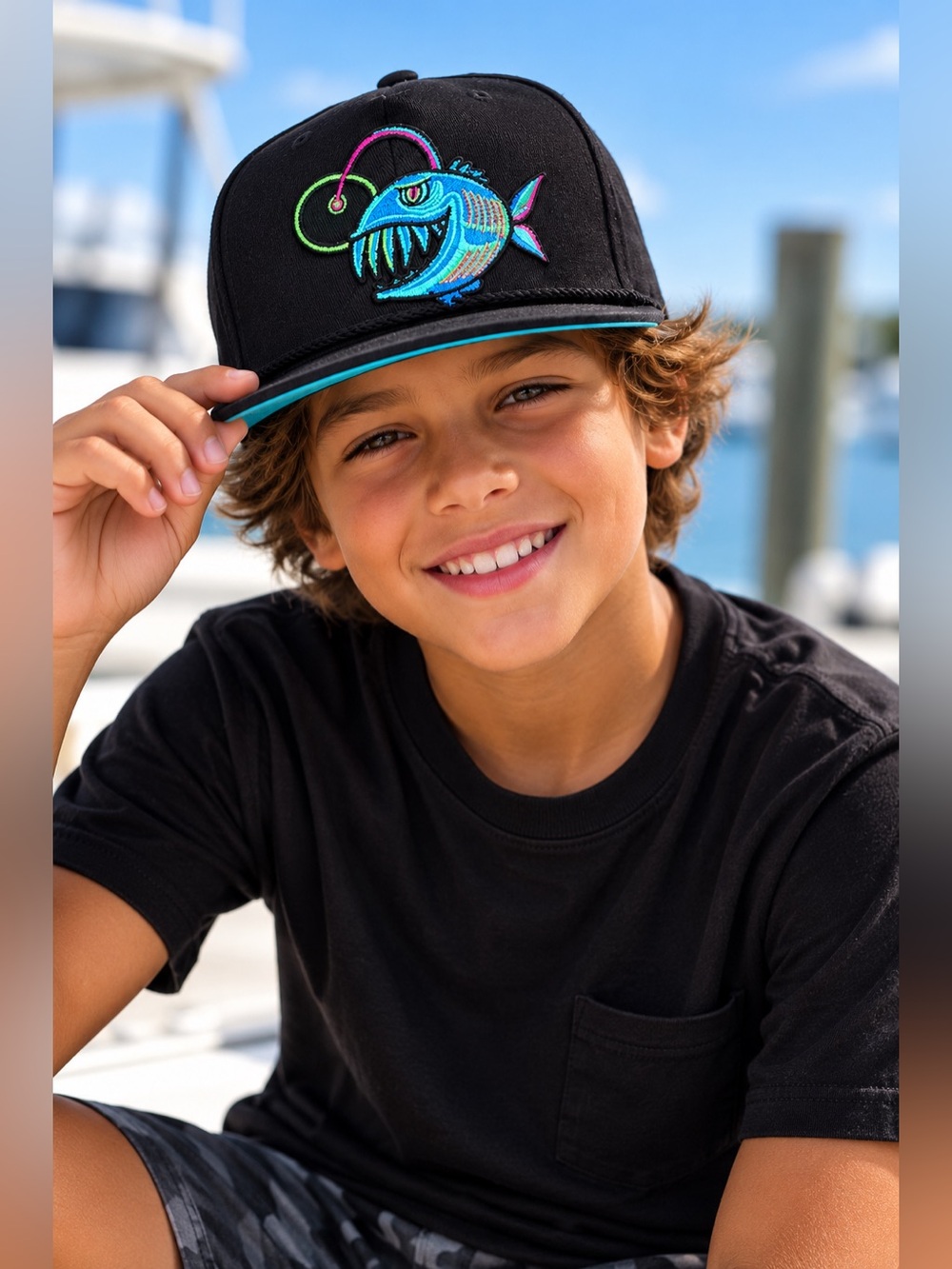 Outdoor Cap Youth Black Snapback Hat Neon Angler Fish Embroidered Fishing Cap